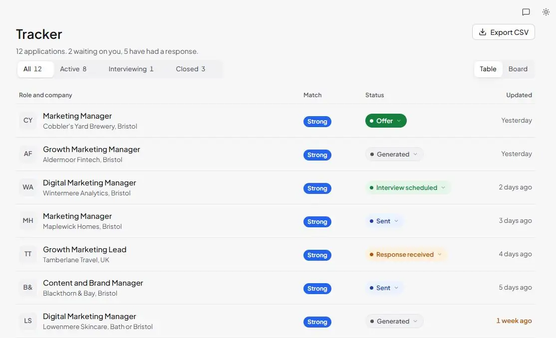 AutoApply tracker: every application with its match band, status and last update